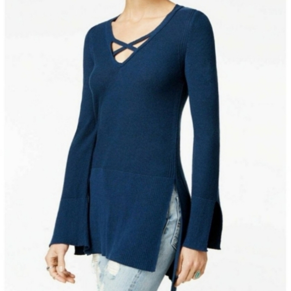 7522 * Free People Crisscross V Neck Tunic Sweater Blue Size S